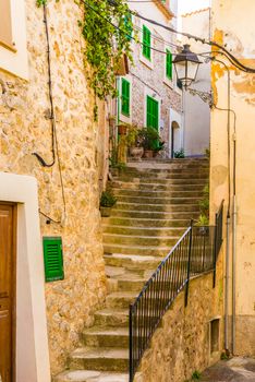 Staircase street in Banyalbufar village, Spain Mallorca