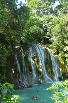 RIZAL, PH - DEC. 21: Daranak falls with crowd on December 21, 2019 in Tanay, Rizal, Philippines.