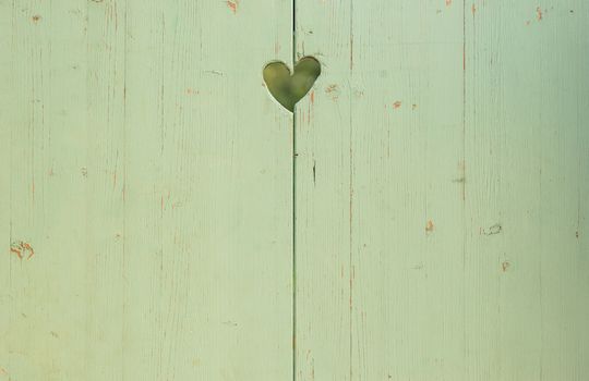 Romantic love heart carved on old wooden green background with copy space
