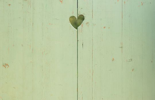 Romantic love heart carved on old wooden green background with copy space