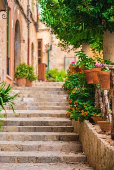 Beautiful street at the mediterranean village of Valldemossa on Majorca Spain 