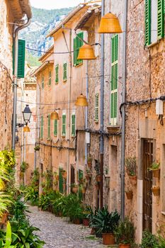 Beautiful street at the mediterranean village of Valldemossa on Majorca Spain