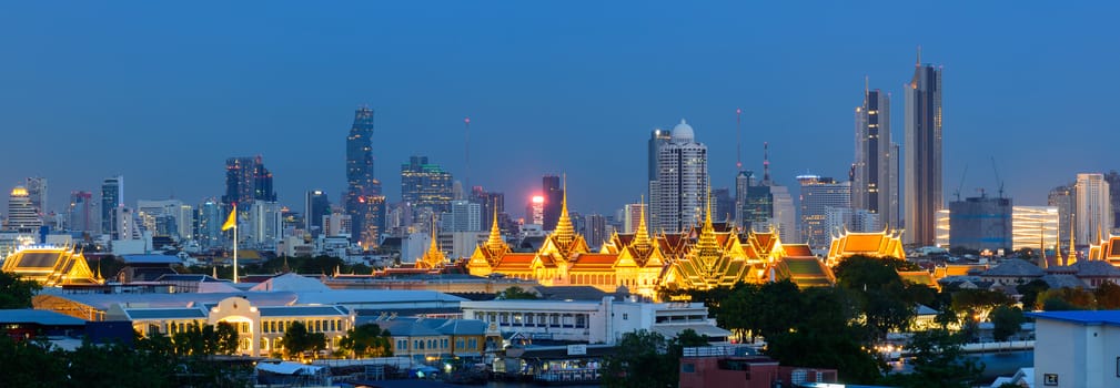Bangkok , Thailand -  19 june, 2020 : Panorama High view of Thailand Grand Palace in the city night time