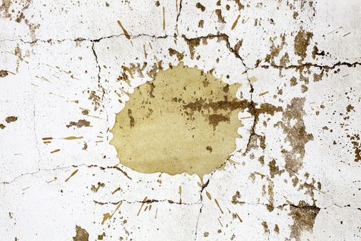 Old distressed white cracked cement concrete wall background with brown stain splatter