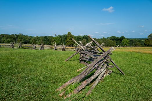 Wide angle photo of battlefield barricades in historic Battlefield National Park in Manassis , VA.