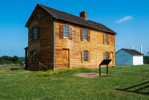 Manassas, VA, USA -- July 8, 2020. A wide angle photo of  the historic Henry Hill House in  Manassas battlefield park.