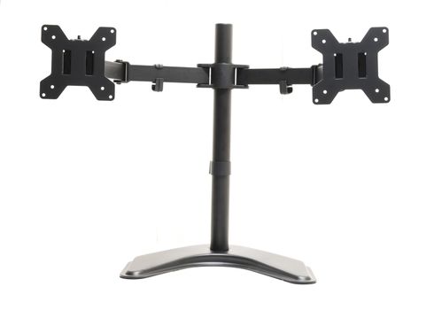 Dual monitor desk mount stand isolated on white background. Full motion computer monitor arm mount for two LCD Screens with tools holder clip.