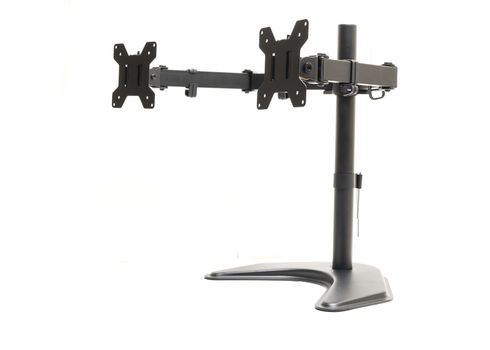 Side view dual monitor desk mount stand isolated on white background. Full motion computer monitor arm mount for two LCD Screens with tools holder clip.