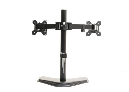 Rear view dual monitor desk mount stand isolated on white background. Full motion computer monitor arm mount for two LCD Screens with tools holder clip.