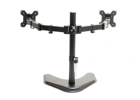 Rear view dual monitor desk mount stand isolated on white background. Full motion computer monitor arm mount for two LCD Screens with tools holder clip.