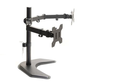Side view dual monitor desk mount stand isolated on white background. Full motion computer monitor arm mount for two LCD Screens with tools holder clip.
