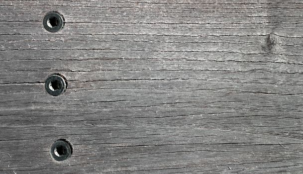 Black and white wooden background with three steel rivets. Elegant texture for many uses.