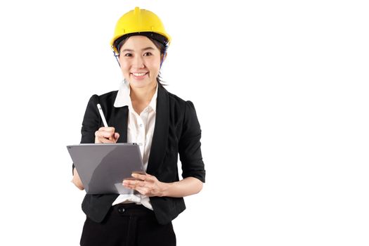 Young woman engineer holding digital tablet wtih smile isolated on white background