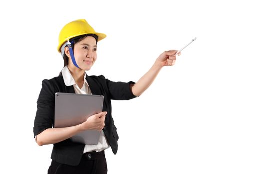 Young woman engineer holding digital tablet wtih smiling isolated on white background

