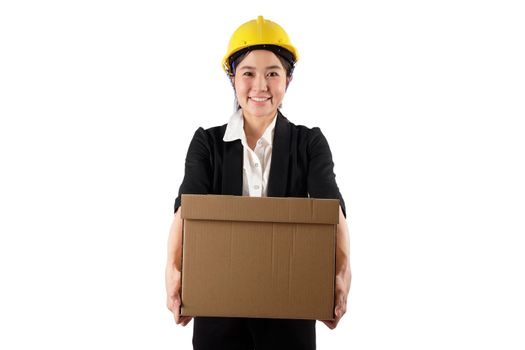 Young woman engineer holding paper box and isolated on white background