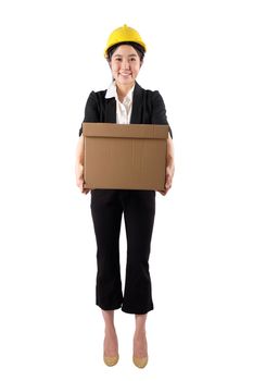 Young woman engineer holding paper box and isolated on white background