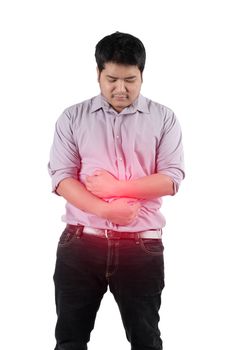 a man holding his hands over the lower abdominal because of suffering from stomach ache