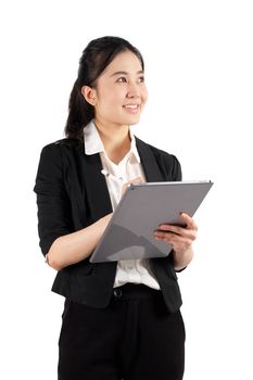 young working woman holding digital tablet on white background