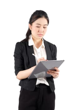 young working woman holding digital tablet on white background