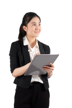 young working woman holding digital tablet on white background