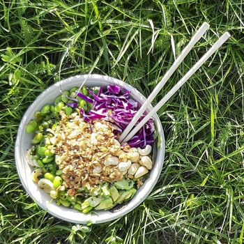 Vegan poke bowl, Hawaiian dish, with chopsticks in the grass. Cashew nuts, avocado, Red cabbage, Onion and Edamame