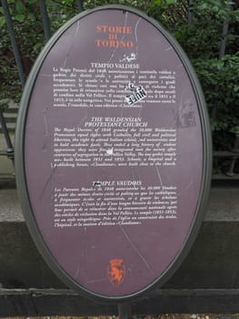 TURIN, ITALY - CIRCA MAY 2019: Templio Valdese (meaning Waldensian Temple) church sign