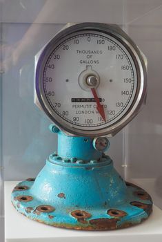 LONDON, UK - CIRCA JUNE 2019: water meter instrument to monitor the flow of water measured in thousands of gallons