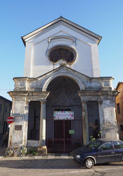 GRUGLIASCO, ITALY - CIRCA DECEMBER 2018: Cappella della Confraternita Santa Croce (meaning Chapel of the Holy Cross Confraternity). Mercatino means flea market