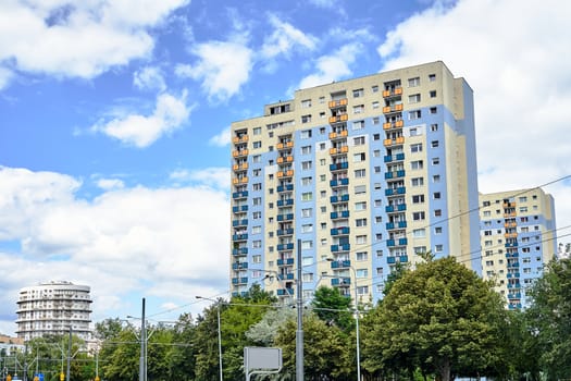 The street with a number of residential high-rise buildings in the city of Poznan