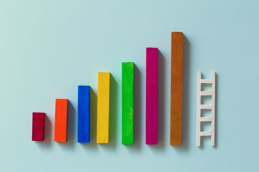 Arrange rising bar graph with stair. Concept of analysing information / Business concept growth success process : depicts the increment in annual financial budget or revenues of long term growth.