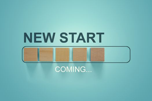 Wooden blocks with the word NEW START coming in loading bar progress.