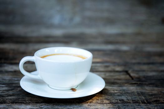 Coffee cup on wooden table with background.