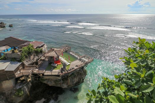Sundays Beach Club, Single Fin, Blue Point, Suluban Beach, Bali, Indonesia. Suluban Beach, the surfing paradise, a deck on a cliff overlooking the sea