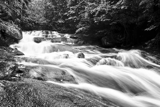 Rocks and boulders in the mountain stream in the forest in the Giant Mountains in Poland, black and white