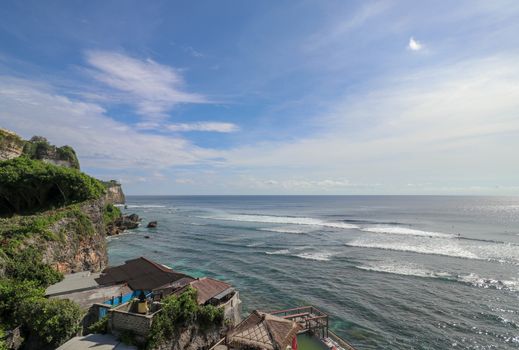 The Delpi Rock Lounge overlooking the ocean taken at Suluban Beach, Bali. Indonesia. This is a good place to view the sunset and a great surf spot.