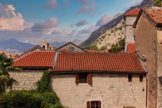 Old Stone Buildings with Red Tile Roofs in Kotor, Montenegro