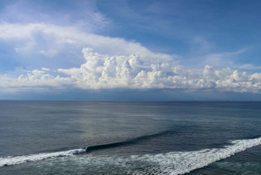Beautiful blue sea sky or ocean water and scenic puffy clouds epic peaceful background. Panoramic dramatic sunset sky and tropical evening sea atmosphere.