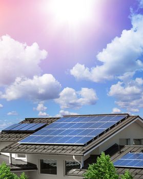 Solar panel system on house roof, sunny blue sky background, renewable green energy concept