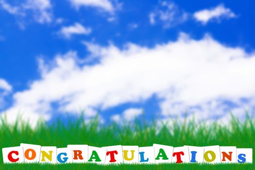 Congratulations text, business success concept on blue sky background with copy space