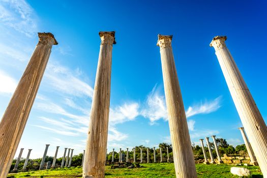 Ancient columns at Salamis, Greek and Roman archaeological site, Famagusta, North Cyprus