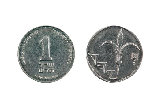 One new Israel shekel coin a common Israeli coinage isolated on a white background