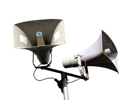 Public address system of two megaphones cut out on and isolated on a white background