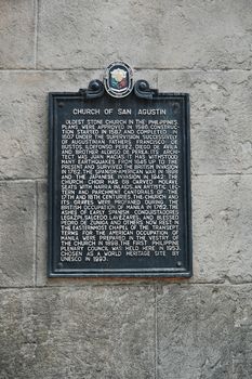 MANILA, PH - FEB 16 - San Agustin church marker at Intramuros on February 16, 2013 in Manila, Philippines.