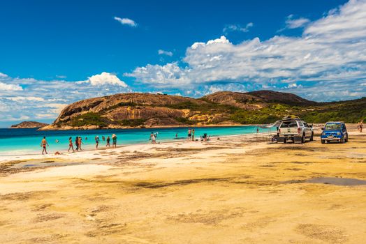 Esperance, Australia -- February 9, 2018. 
Holiday makers and tourists flock to the spectacular sandy beach and aqua waters at Hellfire Bay, in Western Australia.