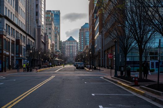 Reston, VA, USA -- March 26, 2020.  The streets of Reston, VA are nearly empty early in the morning as people shelter in place because of  COVID-19.