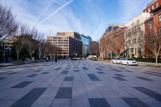 Washington, DC, USA — February 3, 2020. A wide angle photo of Lafayette Square, near the White House, on a winter morning.