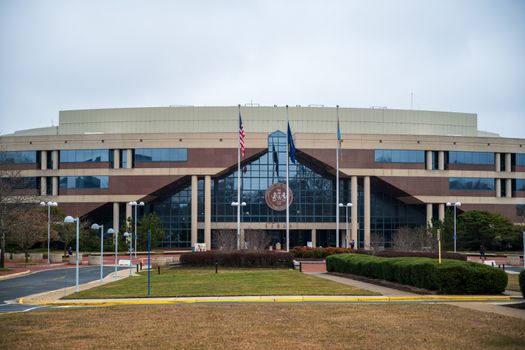 Fairfax, VA, USA -- February 25, 2020. A landscape photo of the Fairfax County Government Center, in Fairfax County, Northern Virginia.