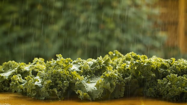 Close up fresh lettuce on the table under the rain. Harvesting in a country farm. Healthy fresh food concept