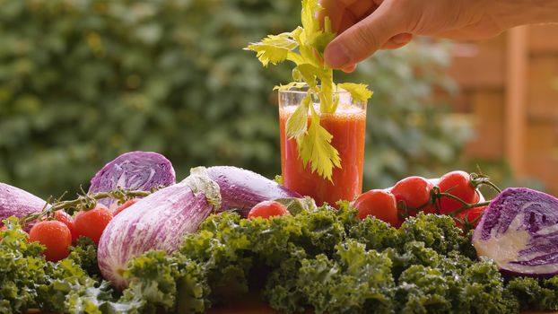 Close up tomato juice with celery in a glass, fresh vegetables on the table in drops of water. Harvesting in a country farm. Healthy food concept