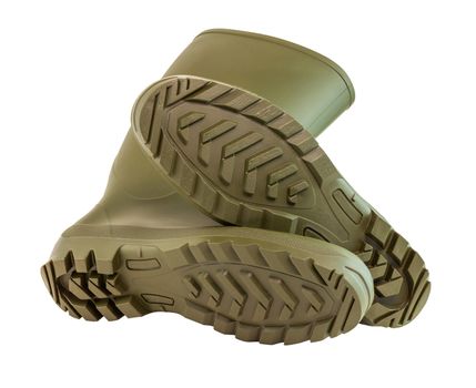 a pair of olive green clean and new rubber boots isolated on white background.
